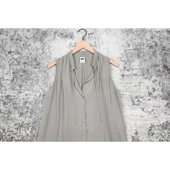 NSF Gray Silk Pleated Tie Neck Button Blouse Top Size S Small - Picture 2 of 5